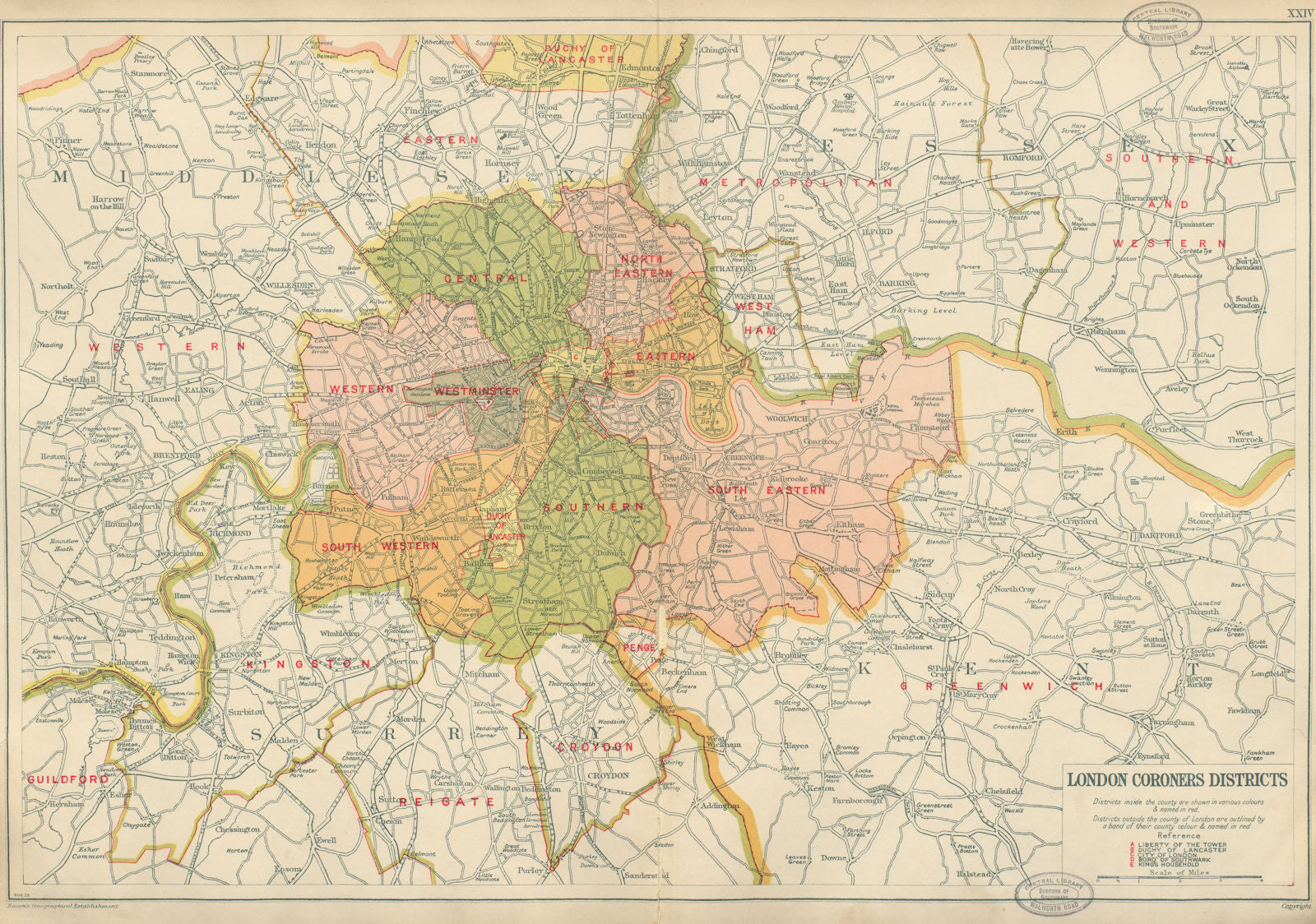 LONDON CORONERS DISTRICTS. Vintage map. Duchy of Lancaster. BACON 1934 old